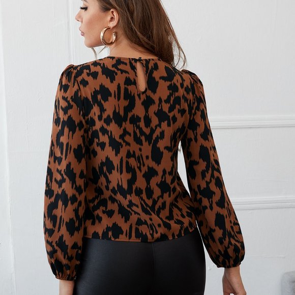 New Keyhole Back Lantern Sleeve Colorblock Top Brown - Picture 3 of 5